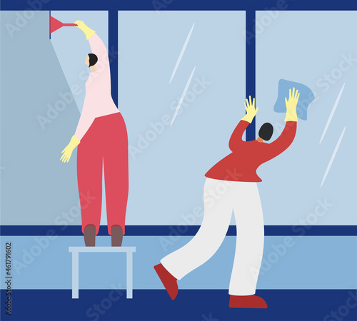  People washing window.  Cleaners wash windows with squeegee and wipe. Vector illustration