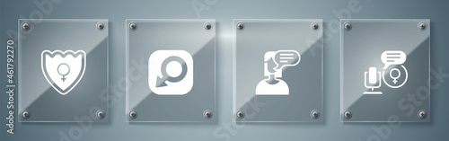 Set Microphone, Female opinion, Male gender and Gender shield,. Square glass panels. Vector