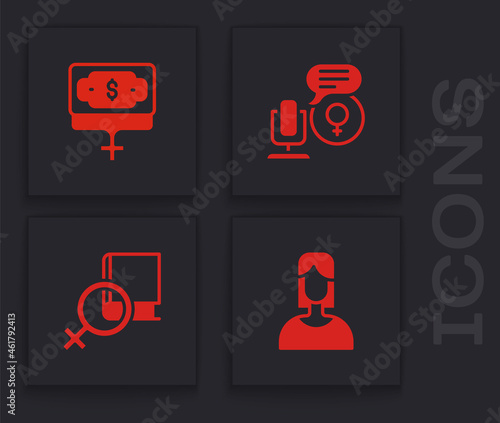 Set Female, Money growth woman, Microphone and Book about women icon. Vector