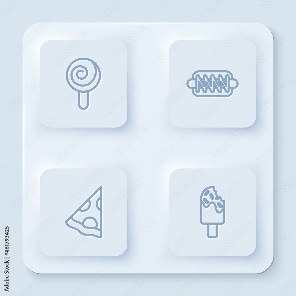 Set line Lollipop, Hotdog sandwich, Slice of pizza and Ice cream. White square button. Vector Set line Lollipop, Hotdog sandwich, Slice of pizza and Ice cream. White square button. Vector