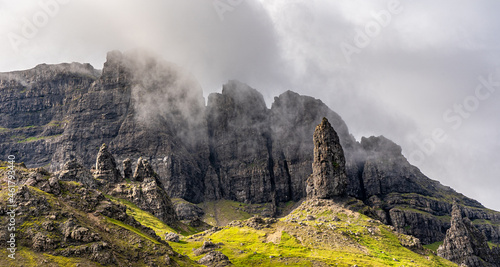 The Old Man of Storr beautiful mountain landscape little misty with nice green grass ,Scotland views on Isle of Skye ,Portree
