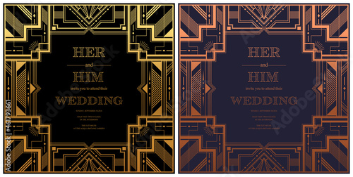 Gatsby card greetings template Art deco geometric vintage frame can be used for invitation, congratulation great gatsby party themes elements gold and Copper color with craft style on background.