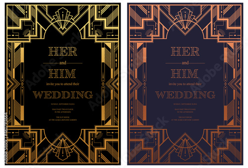 Gatsby card greetings template Art deco geometric vintage frame can be used for invitation, congratulation great gatsby party themes elements gold and Copper color with craft style on background. photo