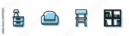 Set line Chair, Furniture nightstand with lamp, Armchair and Shelf books icon. Vector