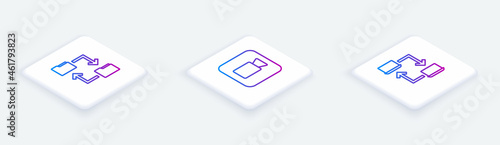 Set Isometric line Cloud storage document folder, Camera and Online working. White square button. Vector