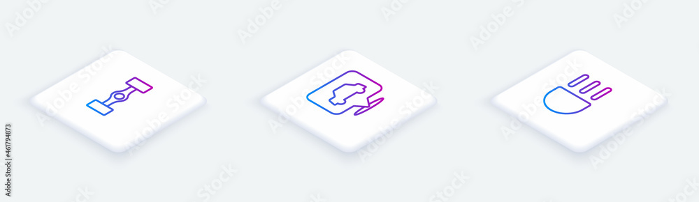 Set Isometric line Chassis car, Car service and High beam. White square button. Vector Set Isometric line Chassis car, Car service and High beam. White square button. Vector
