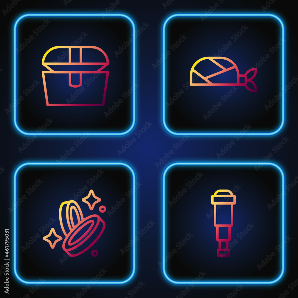 Set line Spyglass telescope lens, Pirate coin, Antique treasure chest and bandana for head. Gradient color icons. Vector Set line Spyglass telescope lens, Pirate coin, Antique treasure chest and bandana for head. Gradient color icons. Vector