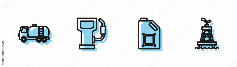 Set line Canister for motor oil, Tanker truck, Petrol gas station and Oil rig icon. Vector Set line Canister for motor oil, Tanker truck, Petrol gas station and Oil rig icon. Vector
