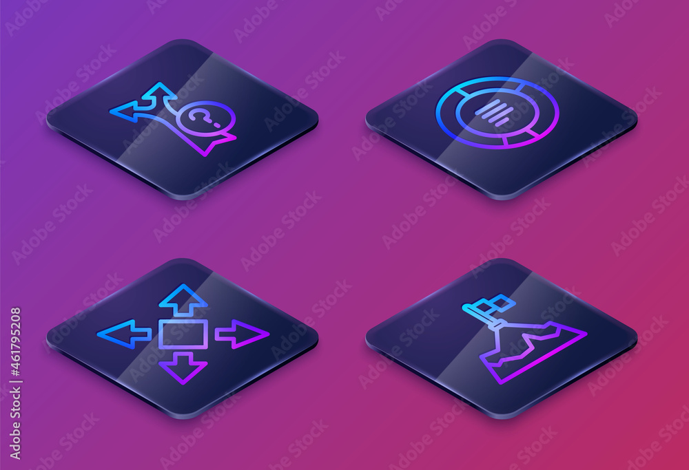 Set Isometric line Arrow, Many ways directional arrow, Pie chart infographic and Mountains with flag. Blue square button. Vector Set Isometric line Arrow, Many ways directional arrow, Pie chart infographic and Mountains with flag. Blue square button. Vector