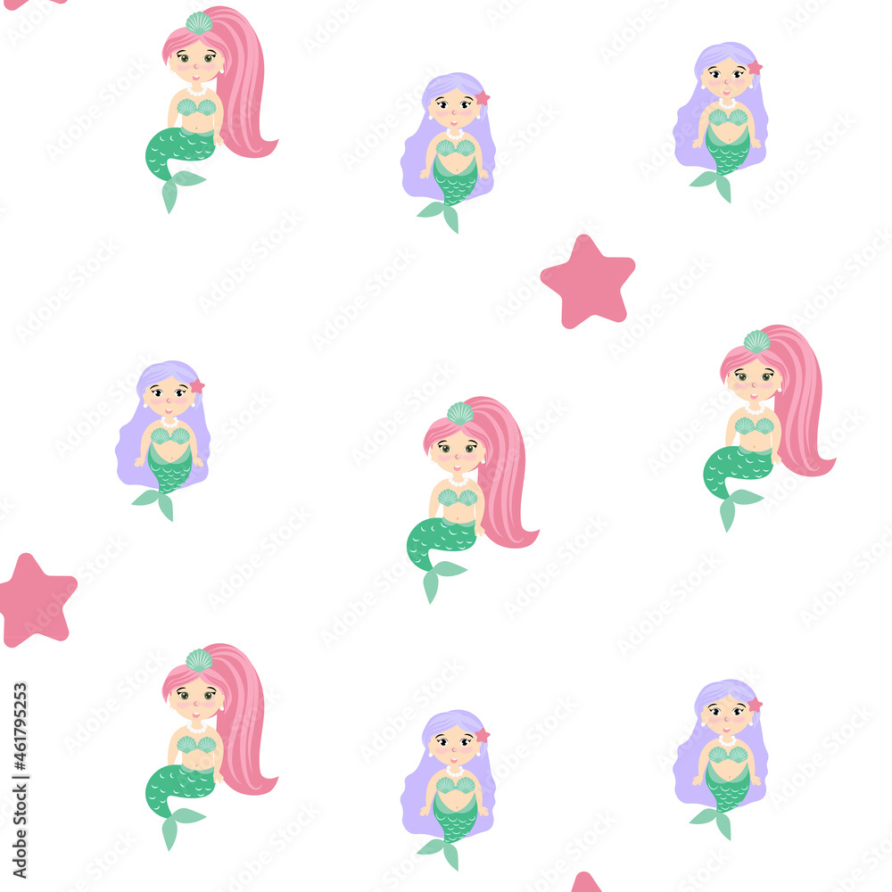 Little cute mermaid pattern on a white background. Mermaid cartoon vector pattern. Cute mermaid vector pattern on a white background. Children's pattern. Little cute mermaid pattern on a white background. Mermaid cartoon vector pattern. Cute mermaid vector pattern on a white background. Children's pattern.