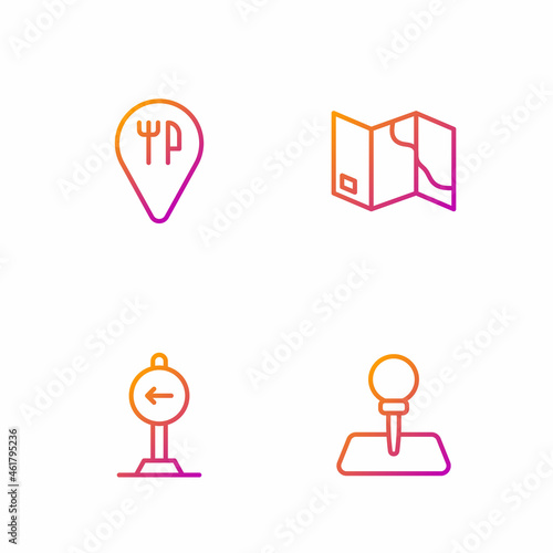 Set line Push pin, Traffic sign turn left, Cafe and restaurant location and Folded map. Gradient color icons. Vector