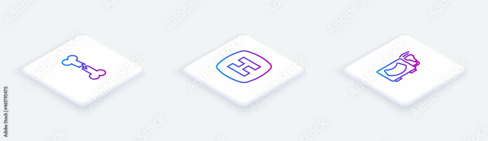 Set Isometric line Human broken bone, Hospital signboard and Ultrasound. White square button. Vector Set Isometric line Human broken bone, Hospital signboard and Ultrasound. White square button. Vector