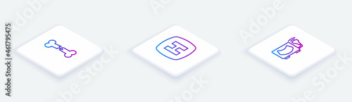 Set Isometric line Human broken bone, Hospital signboard and Ultrasound. White square button. Vector