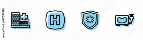 Set line Life insurance, Hospital building, signboard and Ultrasound icon. Vector