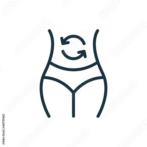Woman Metabolism Line Icon. Female Good Digestion Linear Pictogram. Belly and Arrow Metabolism Concept Outline Icon. Editable Stroke. Isolated Vector Illustration