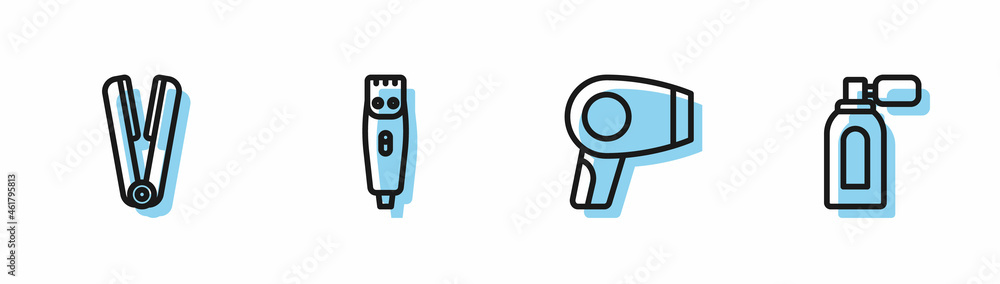 Set line Hair dryer, Curling iron for hair, clipper and Aftershave with atomizer icon. Vector Set line Hair dryer, Curling iron for hair, clipper and Aftershave with atomizer icon. Vector