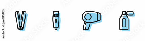 Set line Hair dryer, Curling iron for hair, clipper and Aftershave with atomizer icon. Vector