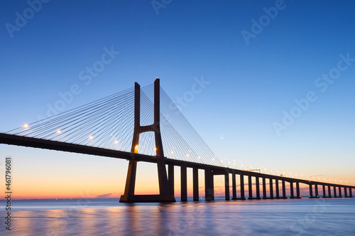 Long exposure shot of Vasco da Gama bridge in Lisbon before sunrise