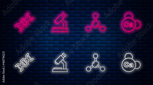 Set line Microscope, Molecule, DNA symbol and Mineral Ca Calcium. Glowing neon icon on brick wall. Vector