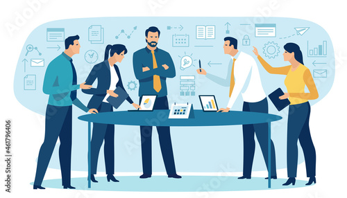 Discussion. The team discusses the business strategy. Vector illustration.
