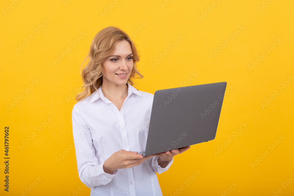 busy business woman in white shirt work online with laptop on yellow background, entrepreneur busy business woman in white shirt work online with laptop on yellow background, entrepreneur