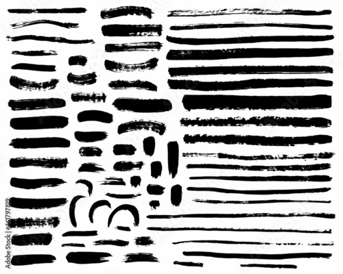 Vector set of grunge artistic brush strokes, brushes. Creative design elements. Long, short, edged black lines.