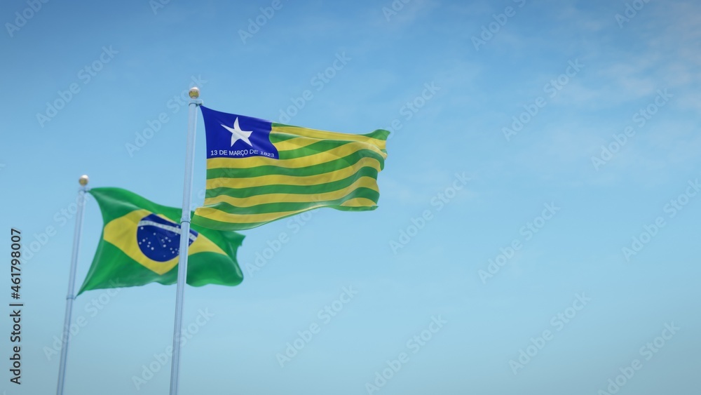 Waving flags of Brazil and the Brazilian state of Piauí against blue sky backdrop. 3d rendering