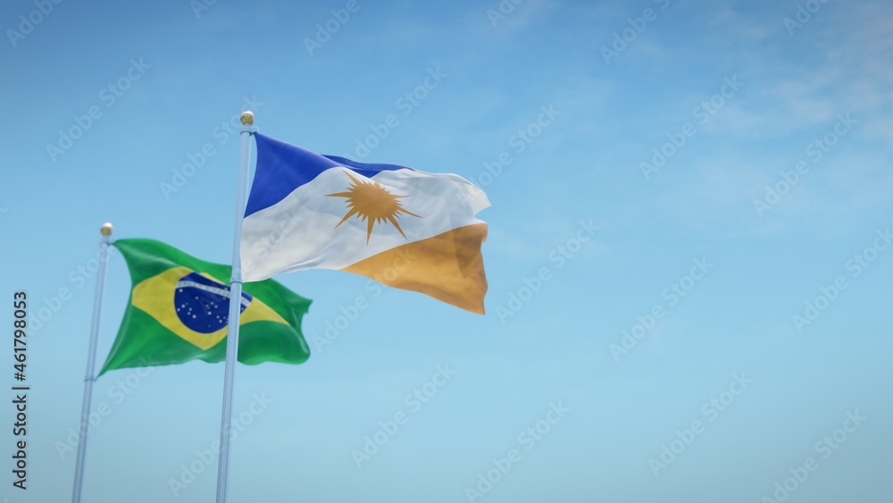 Waving flags of Brazil and the Brazilian state of Tocantins against blue sky backdrop. 3d rendering