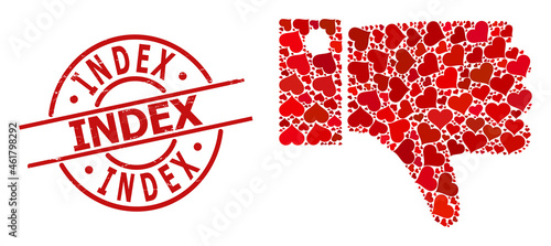 Rubber Index stamp seal, and red love heart pattern for thumb down. Red round stamp seal contains Index caption inside circle. Thumb down collage is designed with red romantic icons.