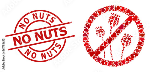 Rubber No Nuts stamp seal, and red love heart collage for stop poppy plants. Red round stamp includes No Nuts tag inside circle. Stop poppy plants collage is organized with red amour symbols.
