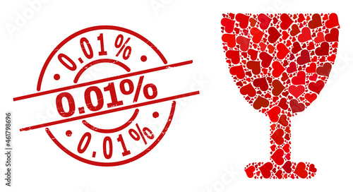 Rubber 0.01% stamp seal, and red love heart mosaic for wine glass. Red round stamp seal has 0.01% text inside circle. Wine glass mosaic is done of red wedding items.