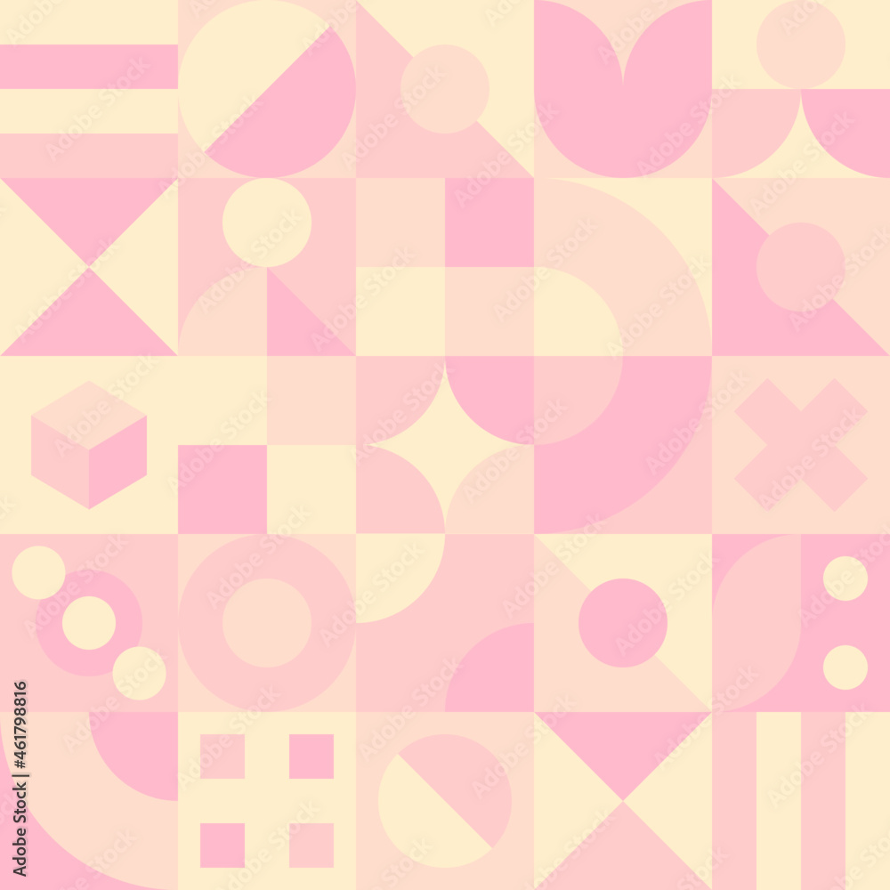 Vector Graphic of Neo Geo Design. Abstract Geometric Pattern Background with Pink Color Theme. Seamless Unique Geometry Shapes Wallpaper. Good for Textile, Print, Bed Shett, Blanket, Pillow Case, etc