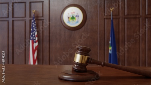 Courtroom scene with US flag and state seal and flag of the state of Maine. 3d rendering photo