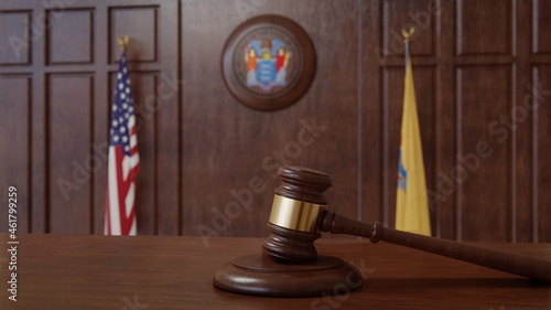 Courtroom scene with US flag and state seal and flag of the state of New Jersey. 3d rendering photo