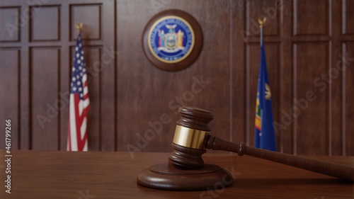Photography Courtroom scene with US flag and state seal and flag of the state of New York
