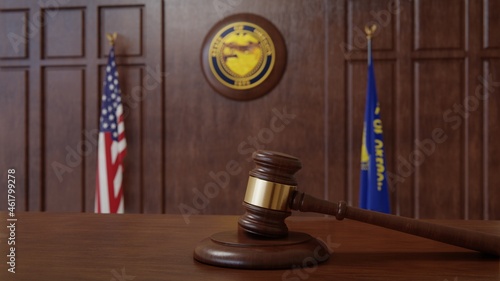Courtroom scene with US flag and state seal and flag of the state of Oregon. 3d rendering photo