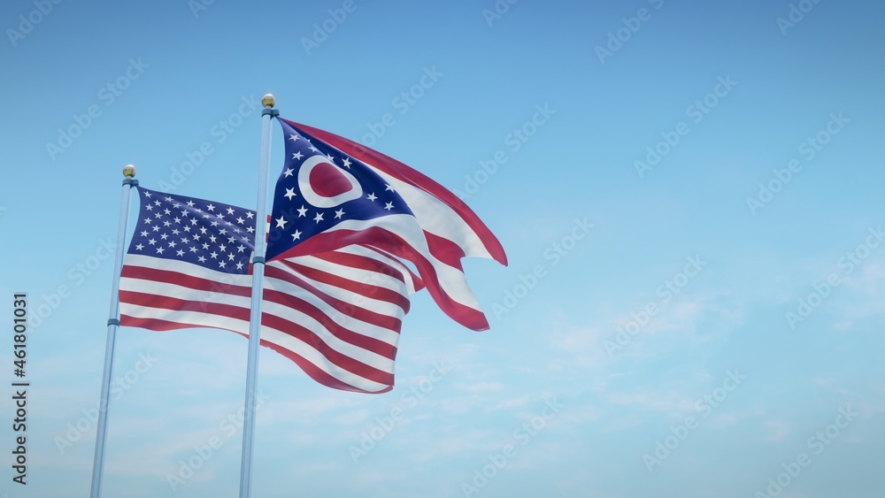 Waving flags of the USA and the US state of Ohio against blue sky backdrop. 3d rendering