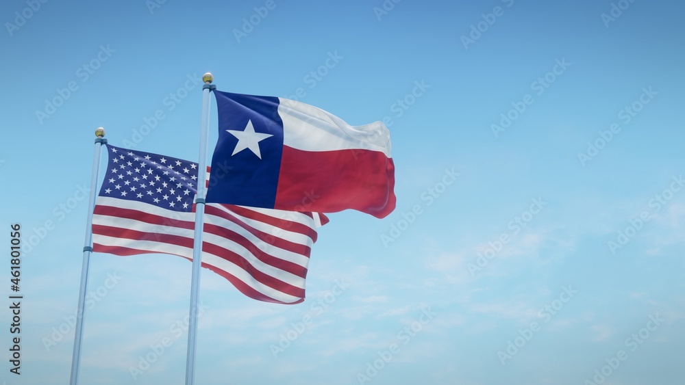 Fototapeta premium Waving flags of the USA and the US state of Texas against blue sky backdrop. 3d rendering