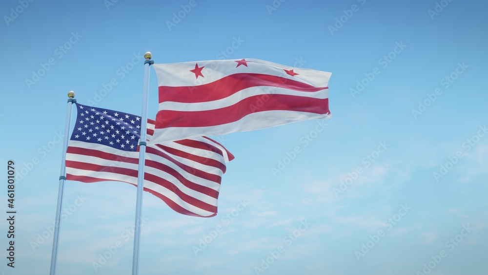 Waving flags of the USA and the District of Columbia against blue sky backdrop. 3d rendering Waving flags of the USA and the District of Columbia against blue sky backdrop. 3d rendering