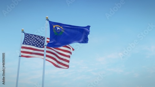 Waving flags of the USA and the US state of Nevada against blue sky backdrop. 3d rendering