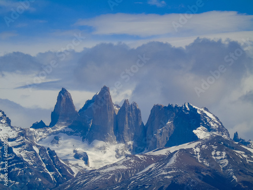 Close-up of the three Towers of Torres in Torres del Paine Nationalpark in southern Chile  Patagonia 
