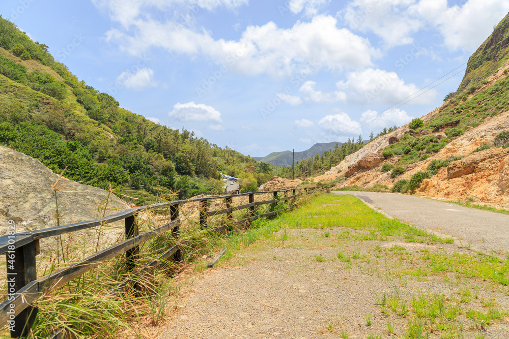 road in hilly terrain in Sulphur Springs, Soufriere, Saint Lucia