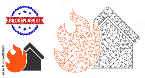Network burning house model illustration, and bicolor textured Broken Asset seal. Mesh wireframe illustration designed with burning house pictogram.