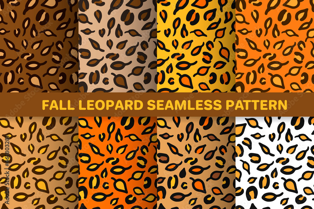 Leopard or jaguar seamless pattern made of fall leaves. Trendy animal print  with autumn colors. Set of vector backgrounds for fabric, wrapping paper,  textile, wallpaper, etc Stock Vector | Adobe Stock