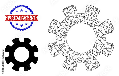 Triangular gearwheel carcass icon, and bicolor grunge Partial Payment watermark. Mesh wireframe illustration designed with gearwheel icon.