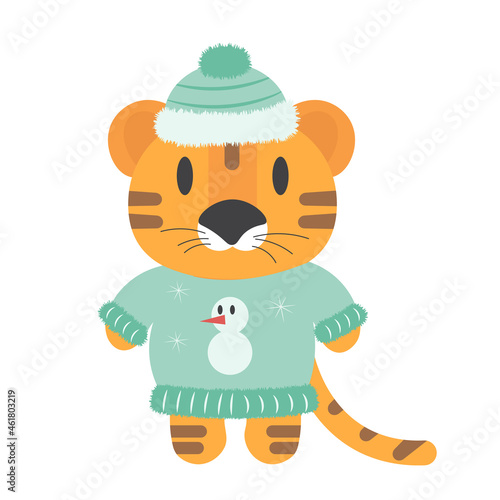Tiger on a white background. Vector tiger. New Year vector illustration of a tiger. Chinese tiger. Christmas flat illustration with tiger.