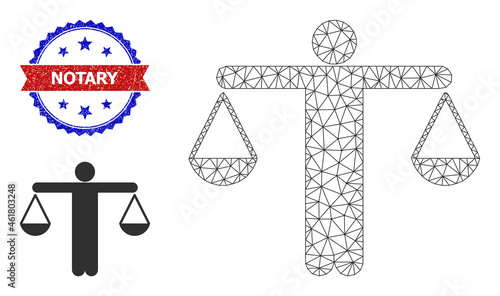 Polygonal judge balance frame illustration, and bicolor grunge Notary seal stamp. Mesh carcass illustration created from judge balance icon.