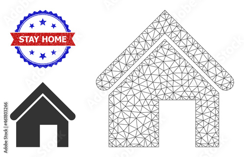 Triangular home carcass illustration, and bicolor dirty Stay Home watermark. Mesh carcass illustration is based on home icon. Vector seal with Stay Home tag inside red ribbon and blue rosette,