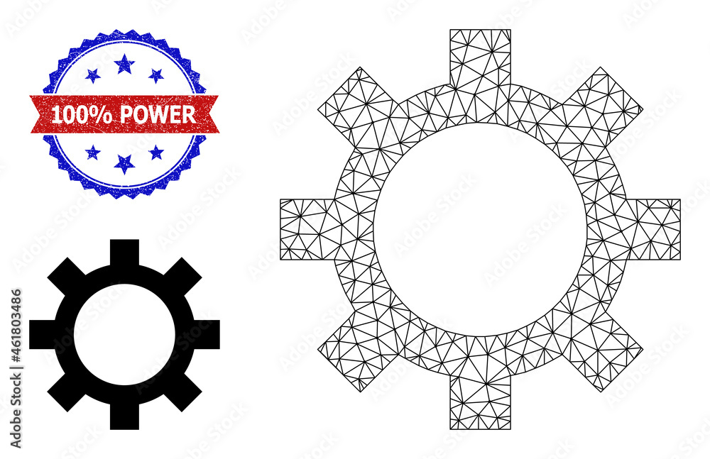 Triangular cog carcass icon, and bicolor unclean 100% Power seal. Mesh carcass illustration is designed with cog icon. Vector imprint with 100% Power title inside red ribbon and blue rosette,