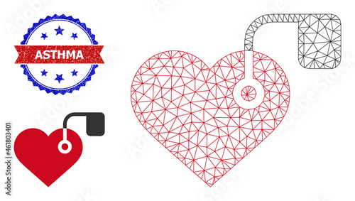 Polygonal heart pacemaker model icon, and bicolor dirty Asthma stamp. Polygonal wireframe illustration is based on heart pacemaker icon.